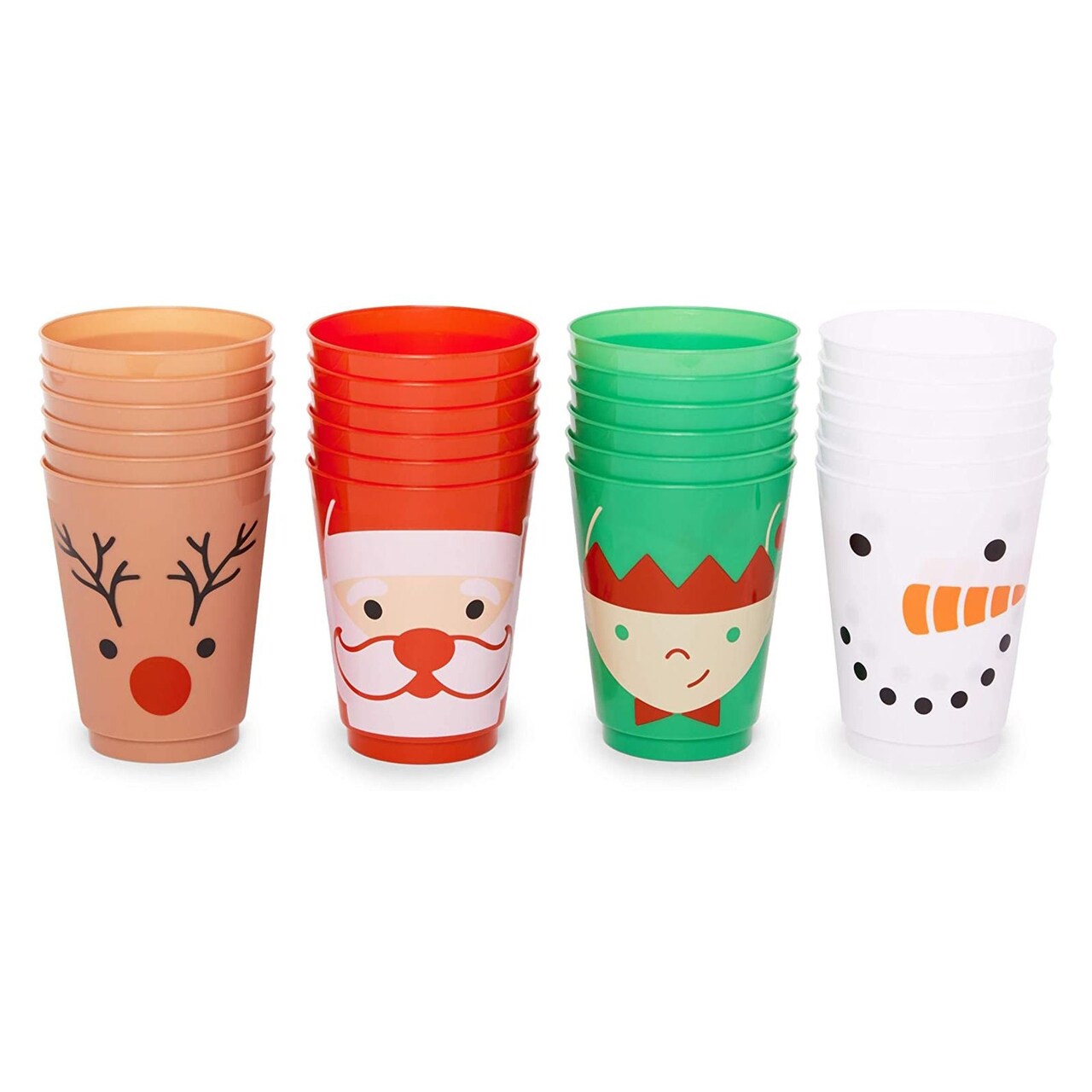 Sparkle and Bash 24 Pack Plastic Christmas Cups for Kids, 16 oz Reusable Christmas Cups, 4 Xmas Designs, Party Table Decoration for Holiday Christmas Parties